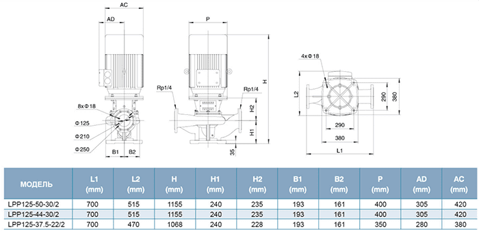 Размерный чертеж насоса LEO LPP125